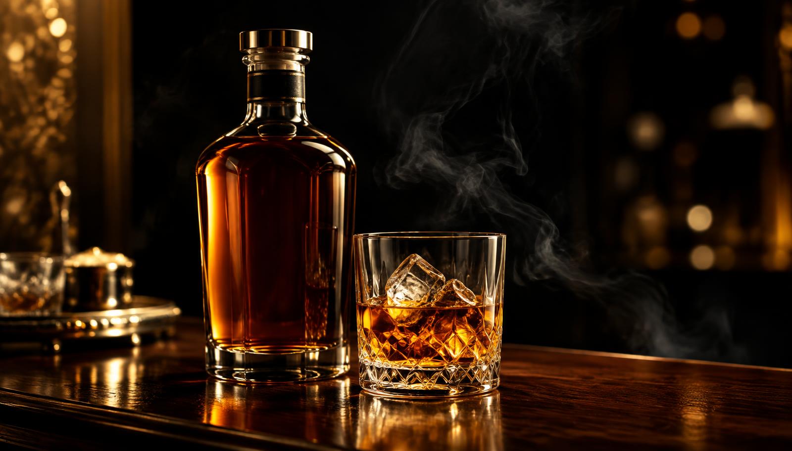 Garrafa e copo de whisky em ambiente sofisticado